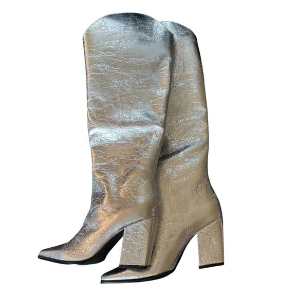 NWOB Steve Madden Croft Silver Metallic Pointed Toe Knee High Boots Women’s 6M - Picture 2 of 9